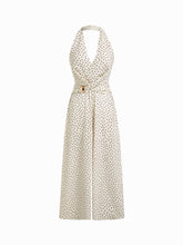 Halter Neckline Polka Dot Ruched Metal Detail Wide Leg Jumpsuit