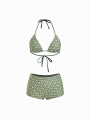 Halter Neckline Geometric Floral Shorts Bikini Set