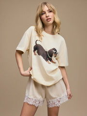 Cotton-blend Dachshund Puppy Graphic Oversized Tee