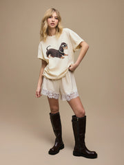 Cotton-blend Dachshund Puppy Graphic Oversized Tee