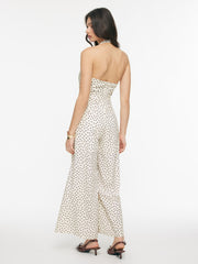 Halter Neckline Polka Dot Ruched Metal Detail Wide Leg Jumpsuit