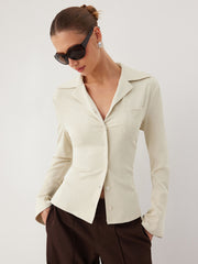 Solid Collar Bell Sleeve Top