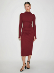 High Neck Solid Ruched Midi Dress