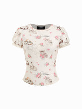 Cat & Floral Graphic Jacquard Puff Sleeve Tee