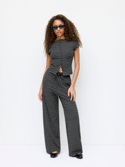 Boat Neck Stripe Button Top & Mid Rise Drawstring Straight Leg Trousers Set