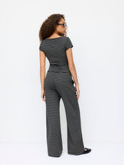 Boat Neck Stripe Button Top & Mid Rise Drawstring Straight Leg Trousers Set