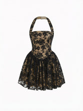 Floral Lace Halter Neckline Ruffled Flared Mini Dress