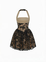 Floral Lace Halter Neckline Ruffled Flared Mini Dress
