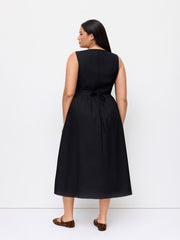 Linen-blend Square Neck Ruffle Midi Dress