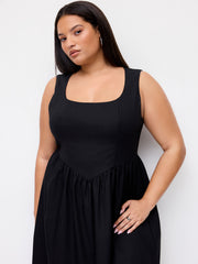 Linen-blend Square Neck Ruffle Midi Dress