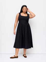 Linen-blend Square Neck Ruffle Midi Dress