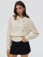 100% Cotton Striped Asymmetrical Collar Long Sleeve Blouse