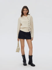 100% Cotton Striped Asymmetrical Collar Long Sleeve Blouse
