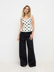Polka Dot V-Neck Shirred Peplum Blouse
