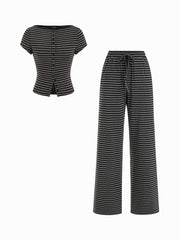 Boat Neck Stripe Button Top & Mid Rise Drawstring Straight Leg Trousers Set