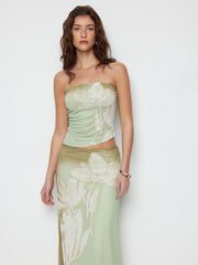 Mesh Floral Wrap Tube Top & Mid Rise Pencil Maxi Skirt Set