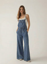Denim Square Neck Bowknot Wide Leg Jumpsuit