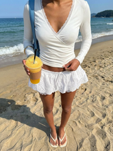 V-neck Lace Trim Ruched Top