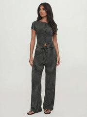 Boat Neck Stripe Button Top & Mid Rise Drawstring Straight Leg Trousers Set