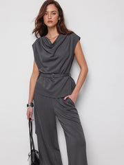 Cowl Neck Belted Top & Mid Rise Wide Leg Trousers Set