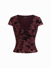 Textured Floral V-neck Lace Panel Crop Top