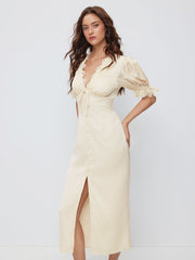 Satin V-neck Lace Trim Tie Front Puff Sleeve Maxi Dress