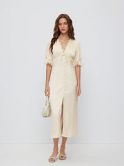 Satin V-neck Lace Trim Tie Front Puff Sleeve Maxi Dress