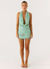 Outlaw Beaded Mini Dress - Mint Aqua