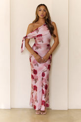 Romantic Rose Satin One Shoulder Maxi Dress Pink