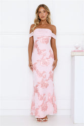 Lush Bloom Embroidered Off Shoulder Maxi Dress Pink