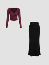 V-neck Solid Long Sleeve Top & Mid Rise Solid Ruched Maxi Skirt