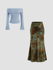 Off-shoulder Solid Long Sleeve Top & Mid Rise Floral Ruched Maxi Skirt Set