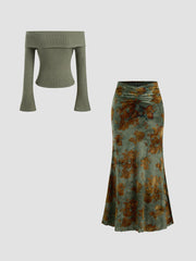 Off-shoulder Solid Long Sleeve Top & Mid Rise Floral Ruched Maxi Skirt Set