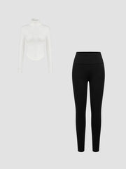 Thermal Cotton-blend High Neck Thumb Hole Solid Long Sleeve Tee & Thermal Cotton-blend Mid Rise Solid Legging