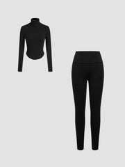 Thermal Cotton-blend High Neck Thumb Hole Solid Long Sleeve Tee & Thermal Cotton-blend Mid Rise Solid Legging
