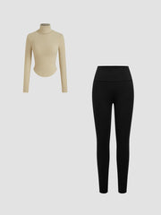 Thermal Cotton-blend High Neck Thumb Hole Solid Long Sleeve Tee & Thermal Cotton-blend Mid Rise Solid Legging