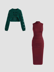Knit Round Neckline Hollow Out Long Sleeve Crop Top&High Neck Ruched Midi Dress Set