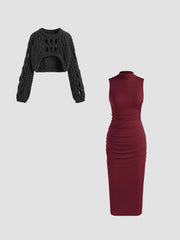Knit Round Neckline Hollow Out Long Sleeve Crop Top&High Neck Ruched Midi Dress Set