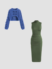 Knit Round Neckline Hollow Out Long Sleeve Crop Top&High Neck Ruched Midi Dress Set
