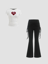 Jersey High-Waist Knot Ruched Flare Pant & Heart Lace Tee