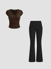 Jersey Low-Rise Flared Trousers & Lace Trim Ruched Tee