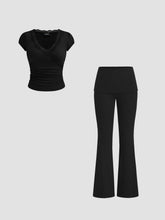 Jersey Low-Rise Flared Trousers & Lace Trim Ruched Tee