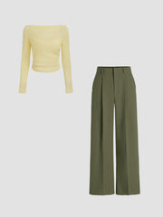 Boat Neck Long Sleeve Two-piece Top & Mid Rise Solid Pocket Straight Leg Trousers