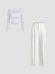 Boat Neck Long Sleeve Two-piece Top & Mid Rise Solid Pocket Straight Leg Trousers