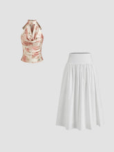 Satin Halter Floral Bowknot Tank Top & Cotton Mid Rise Floral Embroidery Midi Skirt