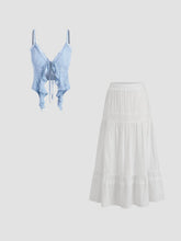Lace Ruffle Hem Knit Crop Top & Cotton Embroidery Maxi Skirt