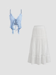 Lace Ruffle Hem Knit Crop Top & Cotton Embroidery Maxi Skirt