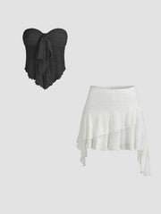 Floral Tie Front Tube Top & Low Rise Lace Floral Layered Ruffle Hem Mini Skirt
