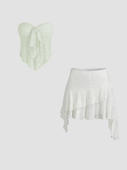 Floral Tie Front Tube Top & Low Rise Lace Floral Layered Ruffle Hem Mini Skirt