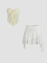 Floral Tie Front Tube Top & Low Rise Lace Floral Layered Ruffle Hem Mini Skirt